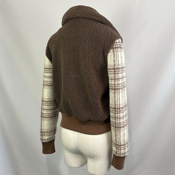 Jonathan Simkhai Tan Fleece w Plaid Trim Zip Bomber Jacket - Picture 5 of 7